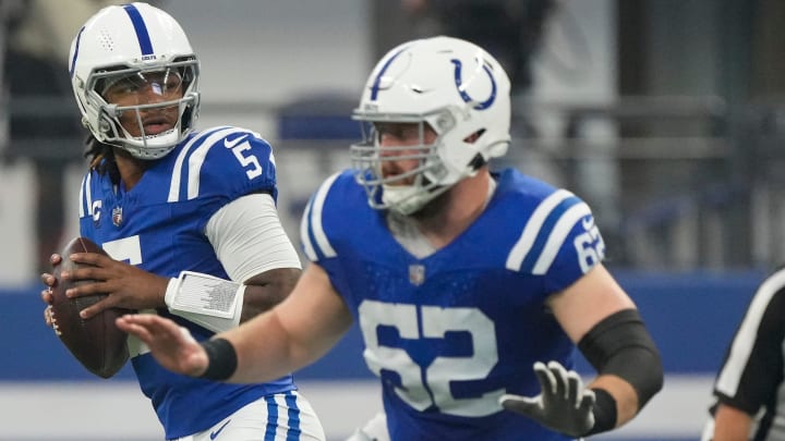 Indianapolis Colts quarterback Anthony Richardson (5) drops back to pass as he is protected by center Wesley French (62) during game action against the Los Angeles Rams on Sunday, Oct. 1, 2023, in Indianapolis.