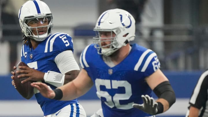 Indianapolis Colts quarterback Anthony Richardson (5) drops back to pass as he is protected by center Wesley French (62) during game action against the Los Angeles Rams on Sunday, Oct. 1, 2023, in Indianapolis.