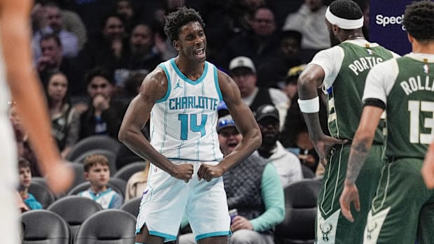 Charlotte Hornets forward Moussa Diabate (14) reacts to his three point play against the Milwaukee Bucks