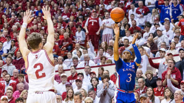 Dec 16, 2023; Bloomington, Indiana, USA; Kansas Jayhawks guard Dajuan Harris Jr. (3)  shoots the