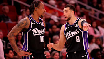 Mar 1, 2025; Houston, Texas, USA; Sacramento Kings forward DeMar DeRozan (10) talks with guard Zach LaVine (8) during a timeout against the Houston Rockets during the third quarter at Toyota Center. Mandatory Credit: Erik Williams-Imagn Images