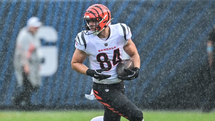 Aug 17, 2024; Chicago, Illinois, USA; Cincinnati Bengals tight end Tanner McLachlan (84) runs after a catch against the Chicago Bears during the fourth quarter at Soldier Field. Mandatory Credit: Daniel Bartel-USA TODAY Sports