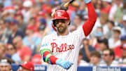 Jun 30, 2025; Philadelphia, Pennsylvania, USA; Philadelphia Phillies first base Bryce Harper (3) on deck during the first inning against the San Diego Padres at Citizens Bank Park