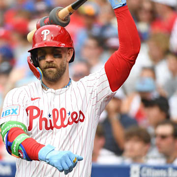 Jun 30, 2025; Philadelphia, Pennsylvania, USA; Philadelphia Phillies first base Bryce Harper (3) on deck during the first inning against the San Diego Padres at Citizens Bank Park