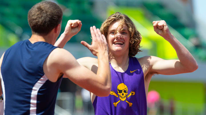 Marshfield's Bodey Lutes celebrates his victory in the Class 4A boys 400 meters at last year's Oregon (OSAA) track and field championships. Marshfield's Bodey Lutes celebrates his victory in the Class 4A boys 400 meters at last year's Oregon (OSAA) track and field championships.