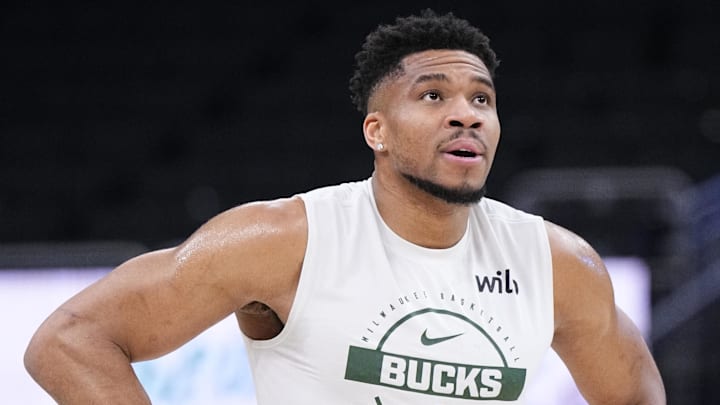 Milwaukee Bucks forward Giannis Antetokounmpo (34) practices before a game against the Chicago Bulls at Fiserv Forum.