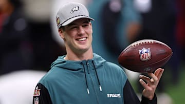 Feb 9, 2025; New Orleans, LA, USA; Philadelphia Eagles quarterback Tanner McKee (16) during warmups before Super Bowl LIX between the Philadelphia Eagles and the Kansas City Chiefs at Caesars Superdome. Mandatory Credit: Bill Streicher-Imagn Images