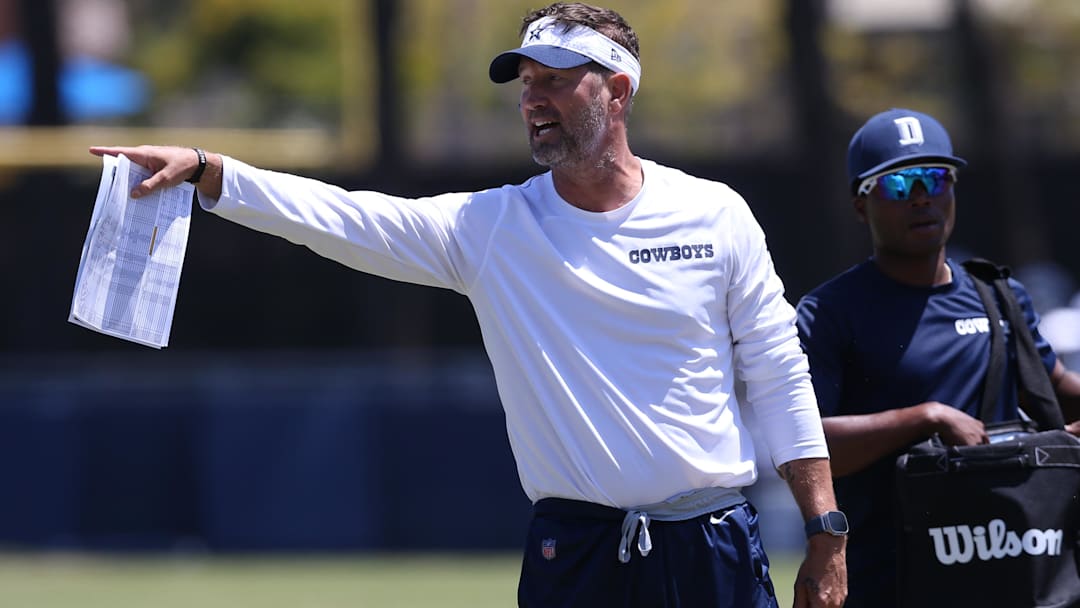 Dallas Cowboys head coach Brian Schottenheimer during training camp at the River Ridge Playing Fields in Oxnard, California.