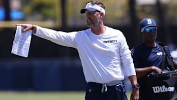 Dallas Cowboys head coach Brian Schottenheimer during training camp at the River Ridge Playing Fields in Oxnard, California.