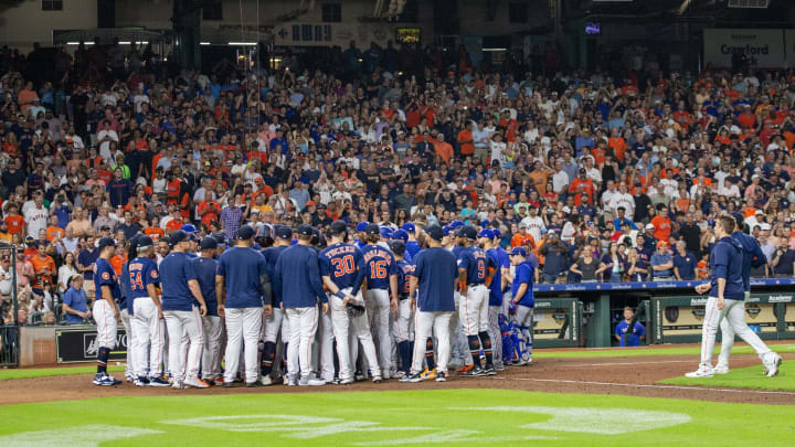 Jul 26, 2023; Houston, Texas, USA; The Texas Rangers and Houston Astros clear the bench in the fifth