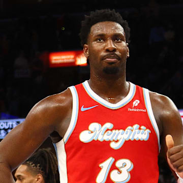 Mar 1, 2025; Memphis, Tennessee, USA; Memphis Grizzlies forward Jaren Jackson Jr. (13) reacts during the fourth quarter against the San Antonio Spurs at FedExForum. Mandatory Credit: Petre Thomas-Imagn Images