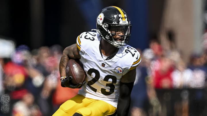 Sep 21, 2025; Foxborough, Massachusetts, USA; Pittsburgh Steelers cornerback Darius Slay (23) reacts after a fumble recovery during the first quarter at Gillette Stadium. Mandatory Credit: Brian Fluharty-Imagn Images