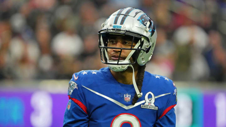 Feb 6, 2022; Paradise, Nevada, USA; NFC cornerback Stephon Gilmore of the Carolina Panthers (9) looks on against the AFC during the third quarter during the Pro Bowl football game at Allegiant Stadium. 