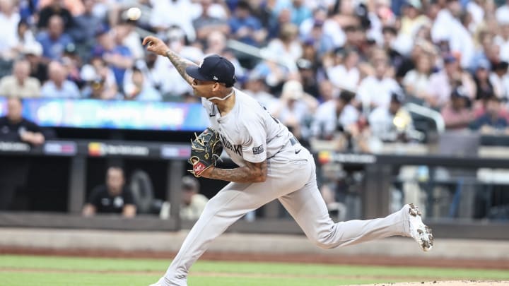 Jun 26, 2024; New York City, New York, USA;  New York Yankees starting pitcher Luis Gil (81) pitches in the first inning against the New York Mets at Citi Field.