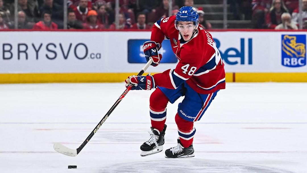Jan 10, 2026; Montreal, Quebec, CAN; Montreal Canadiens defenseman Lane Hutson (48) plays the puck against the Detroit Red Wings during the first period at Bell Centre. Mandatory Credit: David Kirouac-Imagn Images