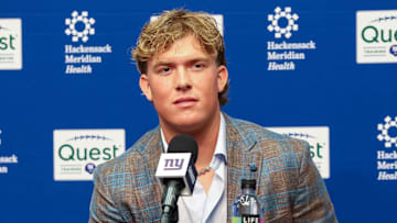 Apr 25, 2025; East Rutherford, NJ, US;  New York Giants first round draft pick, Jaxson Dart, takes questions from the media during his introduction press conference. New York Giants Mandatory Credit: Thomas Salus-Imagn Images