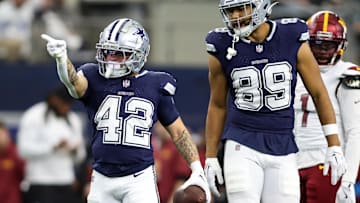 Jan 5, 2025; Arlington, Texas, USA; Dallas Cowboys running back Deuce Vaughn (42) reacts after getting a first down against the Washington Commanders during the fourth quarter at AT&T Stadium. Mandatory Credit: Tim Heitman-Imagn Images