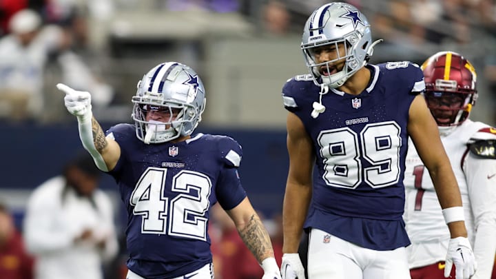 Jan 5, 2025; Arlington, Texas, USA; Dallas Cowboys running back Deuce Vaughn (42) reacts after getting a first down against the Washington Commanders during the fourth quarter at AT&T Stadium. Mandatory Credit: Tim Heitman-Imagn Images