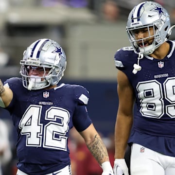 Dallas Cowboys running back Deuce Vaughn reacts after getting a first down against the Washington Commanders during the fourth quarter at AT&T Stadium. 