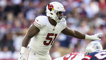 Dec 15, 2024; Glendale, Arizona, USA; Arizona Cardinals linebacker Krys Barnes (51) against the New England Patriots at State Farm Stadium. Mandatory Credit: Mark J. Rebilas-Imagn Images