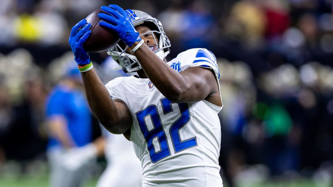 Dec 3, 2023; New Orleans, Louisiana, USA; Detroit Lions tight end James Mitchell (82) during warmups before the game against the New Orleans Saints at Caesars Superdome. Mandatory Credit: Stephen Lew-USA TODAY Sports