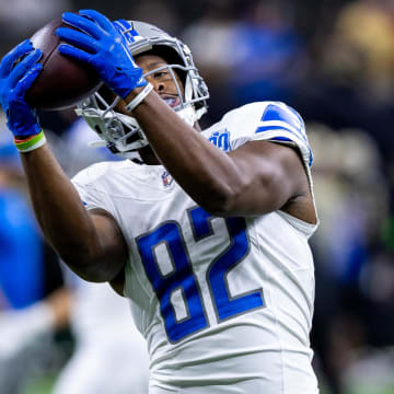 Dec 3, 2023; New Orleans, Louisiana, USA; Detroit Lions tight end James Mitchell (82) during warmups before the game against the New Orleans Saints at Caesars Superdome. Mandatory Credit: Stephen Lew-USA TODAY Sports