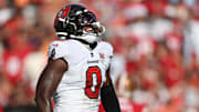 Oct 12, 2025; Tampa, Florida, USA; Tampa Bay Buccaneers linebacker Yaya Diaby (0) reacts after a sack during the first quarter against the San Francisco 49ers at Raymond James Stadium. Mandatory Credit: Nathan Ray Seebeck-Imagn Images
