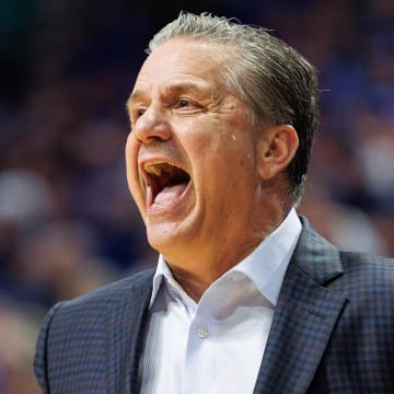 John Calipari reacts during the second half against the Miami (FL) Hurricanes at Rupp Arena at Central Bank Center. 