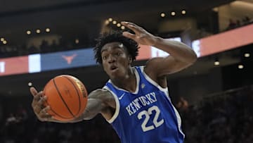 Feb 15, 2025; Austin, Texas, USA; Kentucky Wildcats center Amari Williams (22) reaches for a rebound during the second half against the Texas Longhorns at Moody Center. Mandatory Credit: Scott Wachter-Imagn Images