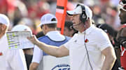 Oct 4, 2025; Louisville, Kentucky, USA; Louisville Cardinals head coach Jeff Brohm calls out instructions during the second quarter against the Virginia Cavaliers at L&N Federal Credit Union Stadium. Virginia defeated Louisville 30-27. Mandatory Credit: Jamie Rhodes-Imagn Images