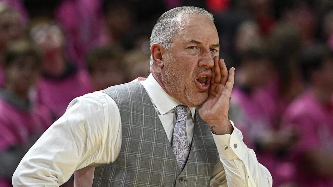 Feb 1, 2026; College Park, Maryland, USA; Maryland Terrapins head coach Buzz Williams reacts during the first half against the Purdue Boilermakers at Xfinity Center.