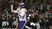 Sep 8, 2025; Chicago, Illinois, USA; Minnesota Vikings quarterback J.J. McCarthy (9) drops back to pass against the Chicago Bears during the second half at Soldier Field.