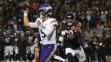 Sep 8, 2025; Chicago, Illinois, USA; Minnesota Vikings quarterback J.J. McCarthy (9) drops back to pass against the Chicago Bears during the second half at Soldier Field.