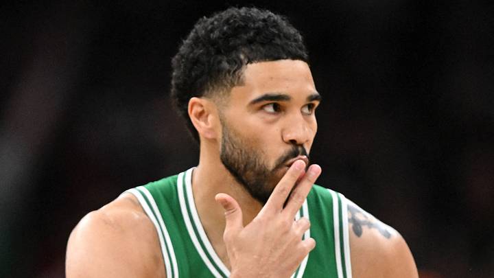 Apr 21, 2026; Boston, Massachusetts, USA; Boston Celtics forward Jayson Tatum (0) reacts after making a three-point basket against the Philadelphia 76ers in the first half of a game two of the first round of the 2026 NBA Playoffs at TD Garden. Mandatory Credit: Brian Fluharty-Imagn Images