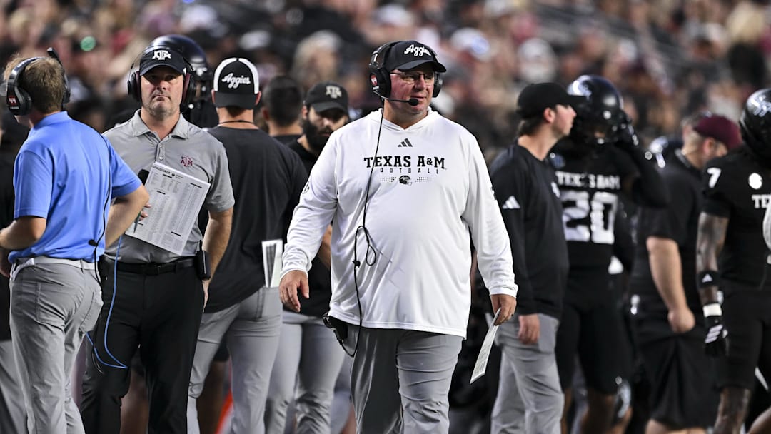 Oct 4, 2025; College Station, Texas, USA; Texas A&M Aggies head coach Mike Elko looks on during the first half against the Mississippi State Bulldogs at Kyle Field. Mandatory Credit: Maria Lysaker-Imagn Images Oct 4, 2025; College Station, Texas, USA; Texas A&M Aggies head coach Mike Elko looks on during the first half against the Mississippi State Bulldogs at Kyle Field. Mandatory Credit: Maria Lysaker-Imagn Images