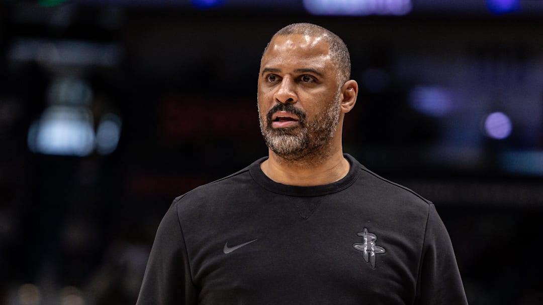 Mar 29, 2026; New Orleans, Louisiana, USA;  Houston Rockets Head Coach Ime Udoka looks on against the New Orleans Pelicans during the first half at Smoothie King Center. Mandatory Credit: Stephen Lew-Imagn Images
