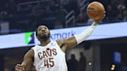 Dec 3, 2025; Cleveland, Ohio, USA; Cleveland Cavaliers guard Donovan Mitchell (45) rebounds in the first quarter against the Portland Trail Blazers at Rocket Arena. Mandatory Credit: David Richard-Imagn Images