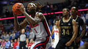 Dec 7, 2024; Oxford, Mississippi, USA; Mississippi Rebels forward Mikeal Brown-Jones (1) drives to the basket against the Lindenwood Lions during the first half at The Sandy and John Black Pavilion at Ole Miss. Mandatory Credit: Petre Thomas-Imagn Images