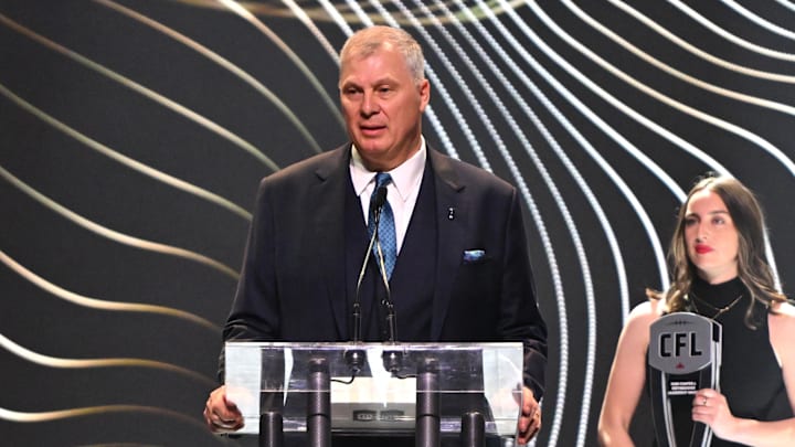 Nov 16, 2023; Niagra Falls, Ontario, CAN; CFL Commissioner Randy Ambrosie speaks on stage during the CFL Awards at Fallsview Casino & Resort. Mandatory Credit: Dan Hamilton-Imagn Images