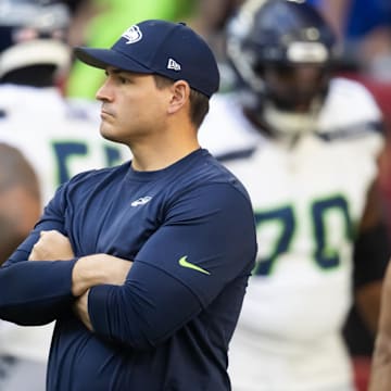 Dec 8, 2024; Glendale, Arizona, USA; Seattle Seahawks head coach Mike Macdonald prior to the game against the Arizona Cardinals at State Farm Stadium. Mandatory Credit: Mark J. Rebilas-Imagn Images