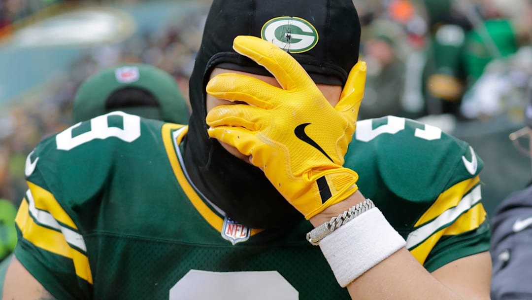 Green Bay Packers wide receiver Christian Watson (9) leaves the field on a cart after getting injured against the Chicago Bears in the second quarter during their football game Sunday, January 5, 2025, at Lambeau Field in Green Bay, Wisconsin.
