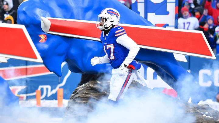 Jan 15, 2024; Orchard Park, New York, USA; Buffalo Bills cornerback Christian Benford (47) enters the field before a 2024 AFC wild card game against the Pittsburgh Steelers at Highmark Stadium. Mandatory Credit: Mark Konezny-USA TODAY Sports
