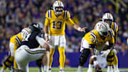 Nov 23, 2024; Baton Rouge, Louisiana, USA;  LSU Tigers quarterback Garrett Nussmeier (13) looks over the Vanderbilt Commodores defense during the first half at Tiger Stadium. Mandatory Credit: Stephen Lew-Imagn Images