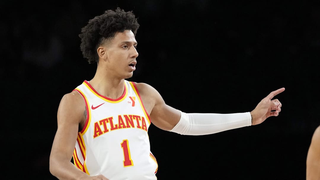 Atlanta Hawks forward Jalen Johnson reacts during the first quarter against the Milwaukee Bucks