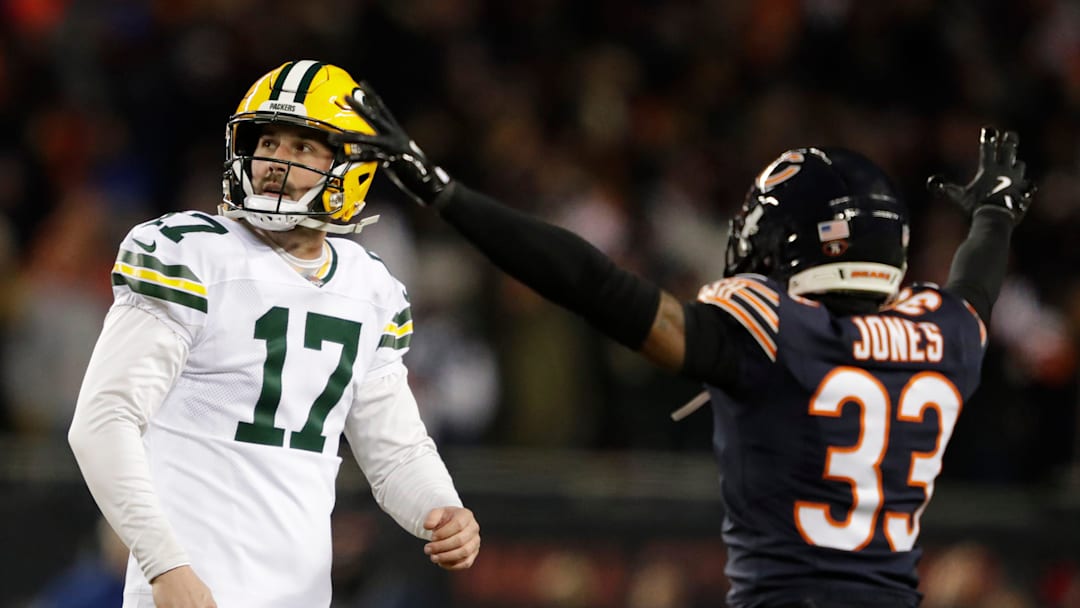 Green Bay Packers place kicker Brandon McManus (17) reacts to missing a field goal late in the fourth quarter as Chicago Bears cornerback Jaylon Jones (33) celebrates during their wild-card playoff football game Saturday, January 10, 2026, at Soldier Field in Chicago, Illinois.
