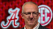 SEC Commissioner Greg Sankey introduces Alabama coach Kirsty Curry during SEC Media Day at the Grand Bohemian Hotel in Mountain Brook Tuesday, Oct. 16, 2024.