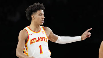 Atlanta Hawks forward Jalen Johnson reacts during the first quarter against the Milwaukee Bucks