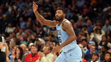 Dec 13, 2024; Memphis, Tennessee, USA; Memphis Grizzlies guard Marcus Smart (36) reacts after a three point basket during the fourth quarter against the Brooklyn Nets at FedExForum. Mandatory Credit: Petre Thomas-Imagn Images