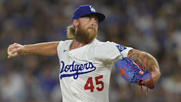 Jun 16, 2025; Los Angeles, California, USA;  Los Angeles Dodgers relief pitcher Michael Kopech (45) delivers to the plate in the seventh inning against the San Diego Padres at Dodger Stadium. Mandatory Credit: Jayne Kamin-Oncea-Imagn Images