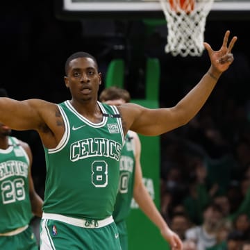 Apr 3, 2022; Boston, Massachusetts, USA; Boston Celtics forward Malik Fitts (8) celebrates after a three point basket during the second half against the Washington Wizards at TD Garden. Mandatory Credit: Winslow Townson-USA TODAY Sports